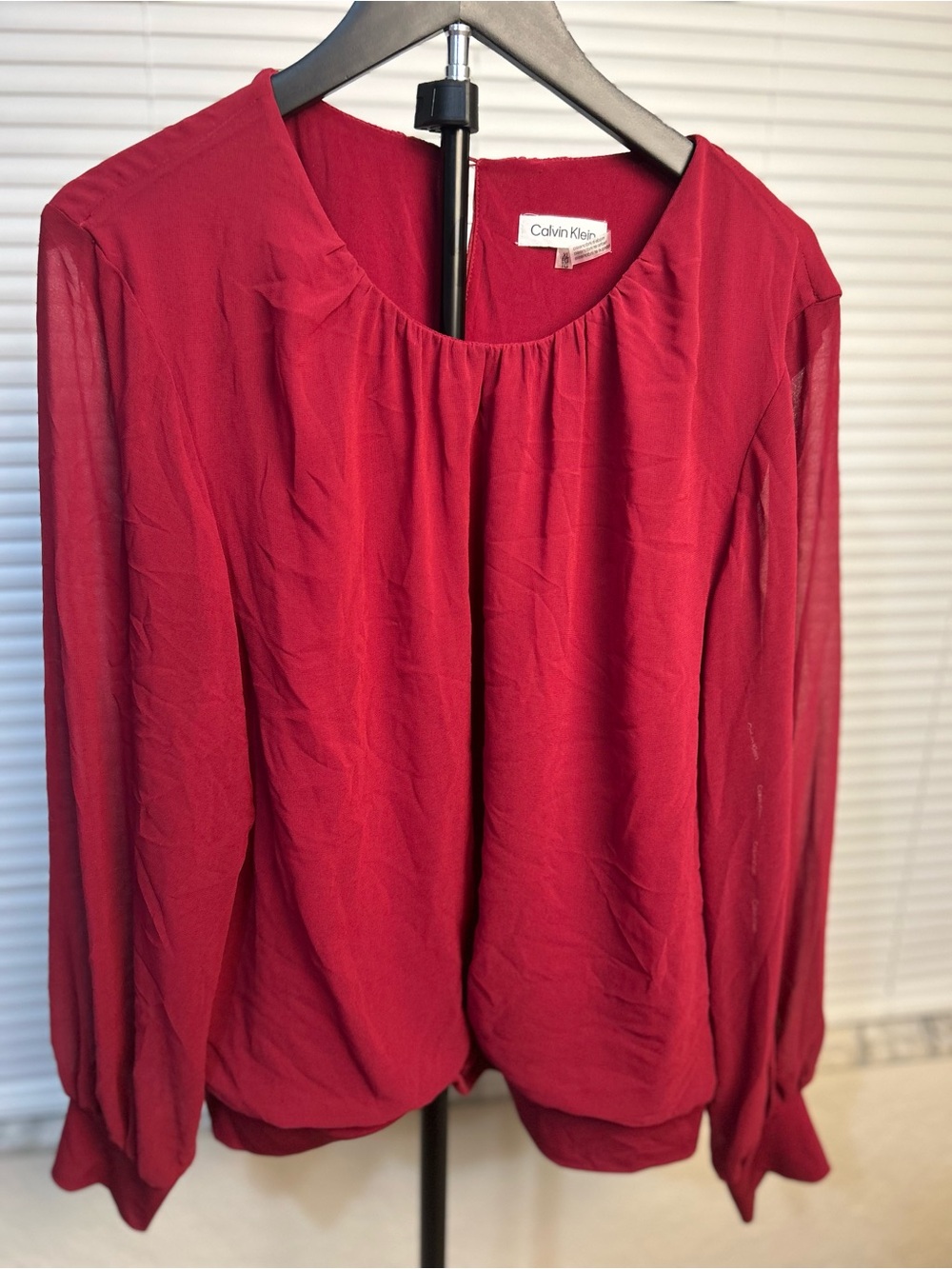 NWT Calvin Klein Red Chiffon Long Sleeve Blouse - Gathered Neckline XL